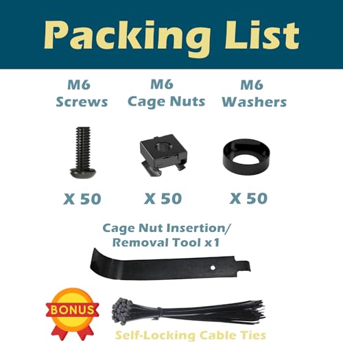 TECHTOO 50 Pack M6 Rack Mount Cage Nuts, Screws and Washers w/Insertion and Removal Tool for Rack Mount Server Cabinet, Server Shelves, Routers, Patch Panel, Cable Ties (Cage Nut/Screw+Tool) Cage Nut/Screw+Tool