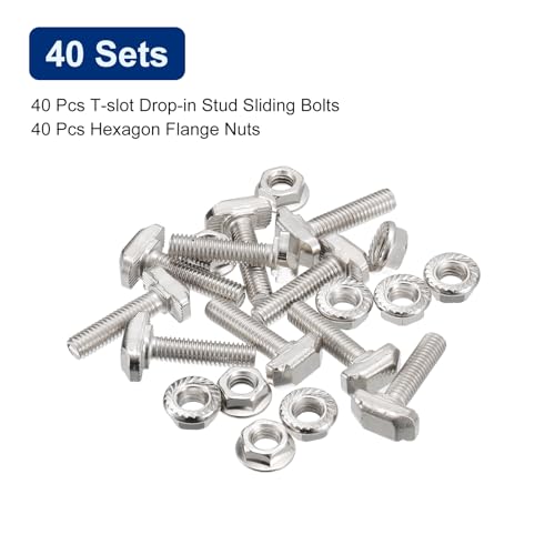uxcell M6x25mm T Slot Drop-in Bolt and M6 Hexagon Flange Nut Set, 40 Sets Hammer Head T-Bolt T Shape Stud Sliding Screw for 30 Series Aluminum Profile
