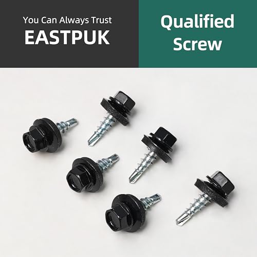 300Pcs #10 x 1 Inch Hex Head Metal Roofing Screws, Black Coated Hex Head Metal Roof Screws with Rubber Washer, Construction Self Tapping Screw with Hex Socket #10 x 1" 300
