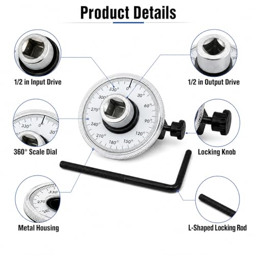 Torque Angle Gauge, 1/2" Drive Mechanical Torque Wrench Adapter with Zero Return & Dual Adjustable Arm, 360° Scale, Heavy Duty Tool for Auto, Trucks & Heavy Equipment Repair