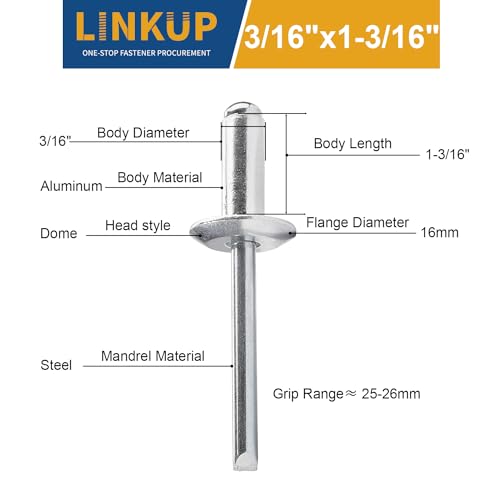 Linkup 70pcs pack 3/16" x 1-3/16" Large flange Pop blind Rivets,Large Head aluminum rivets,4.8mm x 30mm long pop rivets,Aluminum Body Steel Mandrel Rivets (Silver)