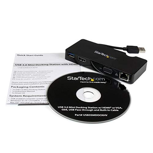 StarTech.com USB 3.0 to HDMI or VGA Adapter Dock - USB 3.0 Mini Docking Station w/ USB, GbE Ports - Portable Universal Laptop Travel Hub (USB3SMDOCKHV) , Black 1x USB-A 3.0 | HDMI, VGA