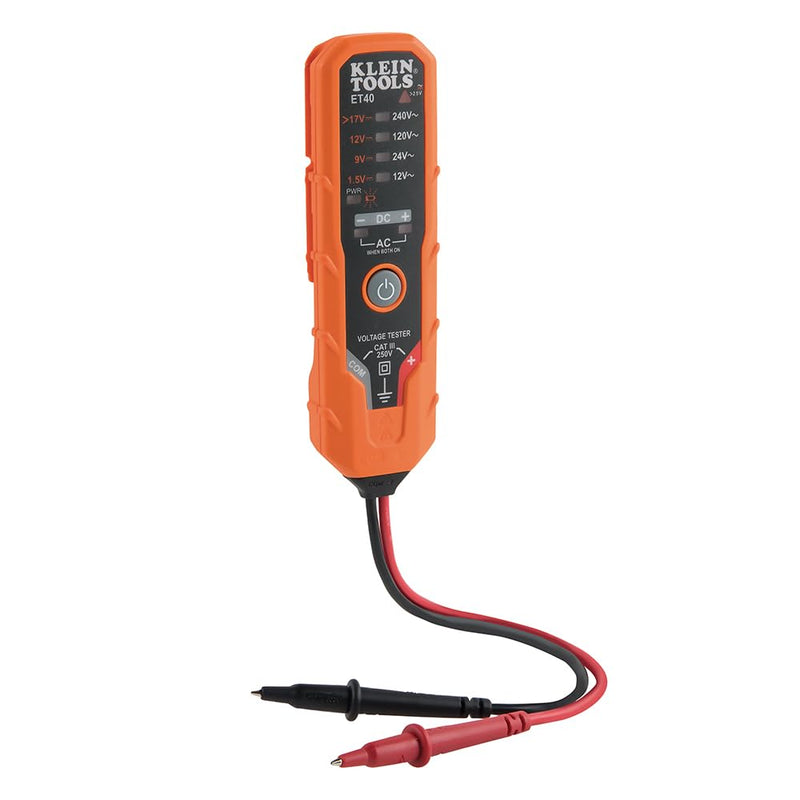 Klein Tools ET40 Digital AC/DC Voltage Tester, 12-240V AC, 1.5-24V DC, LED Illumination, DC Polarity, Auto Off, CAT III 250V-Class 2- Double Insulation, IP41 Dust and Water Resistant 12/240 V