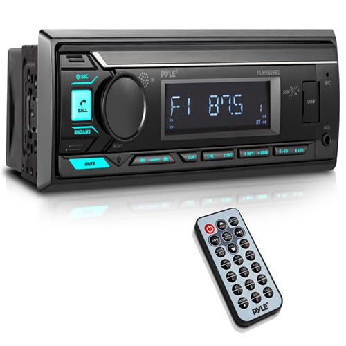 Pyle Marine Radio Stereo Receiver with Bluetooth MP3 Player - Single DIN Boat Audio System, AM/FM Tuner, USB/AUX Input, 30 Preset Stations, Hands-Free Calling, 350 W Power for Marine and Boat Use Charcoal
