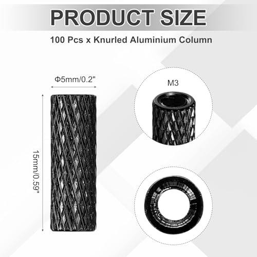 MECCANIXITY 100 Pcs M3 x 15mm Knurled Aluminum Standoff Mesh Spacer Column for FPV Drone RC Airplane Racing Car Simracing, Black M3*15mm