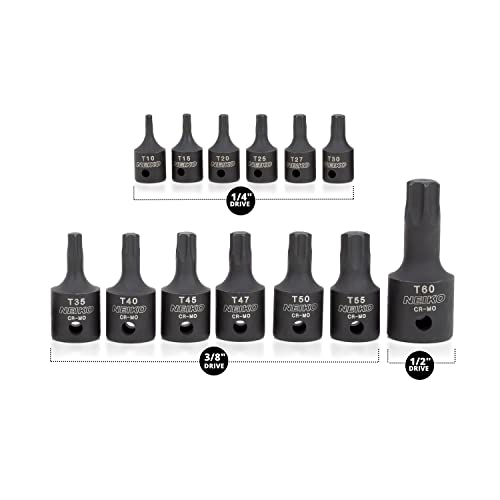 NEIKO 10281B Impact Torx Bit Socket Set, 1/4", 3/8" and 1/2" Drive, 6 Point Star Sockets, Heavy Duty Impact Grade Cr-Mo, T10 to T60 High Impact, Professional Grade Auto & Motorcycle Mechanic Socket 13 Piece
