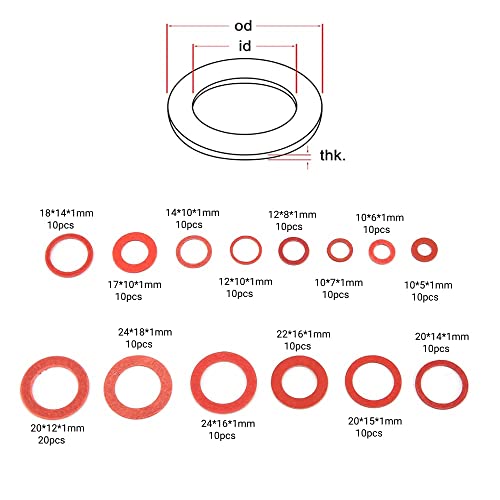 150Pcs Fiber Washer Insulation Flat Washer Assortment, 14 Sizes Red Flat Ring Washers Assortment Kit Steel Paper Sealing Washers Set