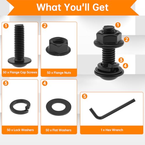 50 Sets M6-1.0 x 20 mm Black Flanged Button Head Socket Cap Screws Nuts Flats & Lock Washers, 304 Stainless Steel Hex Socket Fastener Bolt Assortment Kit with Hex Wrench