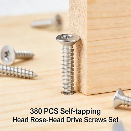 XIQILUOSI 304 Stainless Steel Flat Head Self-Drilling Tapping ScrewsM3-M5Various Sizes, 380PCS Countersunk Star/Flower Groove Self-Tapping Screw Set