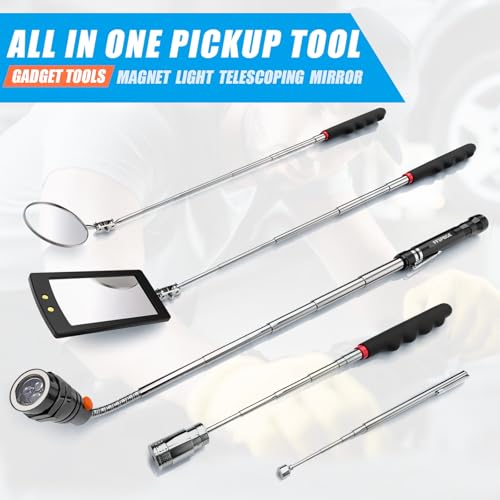 5 PCS Magnetic Pickup Tool Set, 1lb & 15lb Pick Up Rod, Magnetic Flashlight Pickup Tool, Round and Square 360 Swivel Adjustable Inspection Mirror, Mens Gifts for Him, Birthday Gifts for Men Women Dad 5Pcs Tools Set