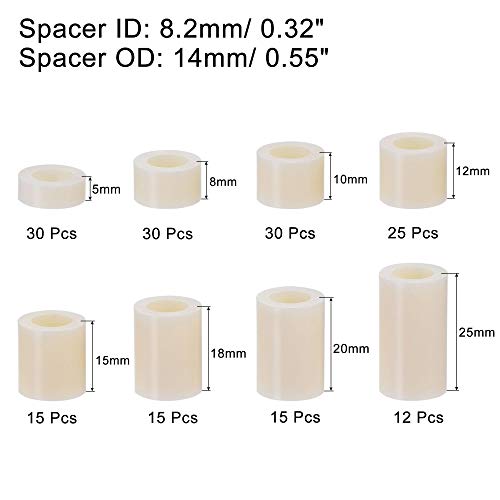 uxcell 8 Sizes 172pcs ABS Round Spacer Assortment Kit ID 8.2mm OD 14mm