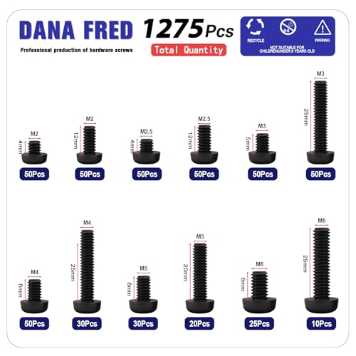 1275pcs Black Nylon Phillips Pan Head Bolt Nut Washer Kit,M2-M6 Black Plastic Flat Pan Head Machine Screws Nuts Washers for Micro Controller Board Building,Insulate or Fasten PCB Board