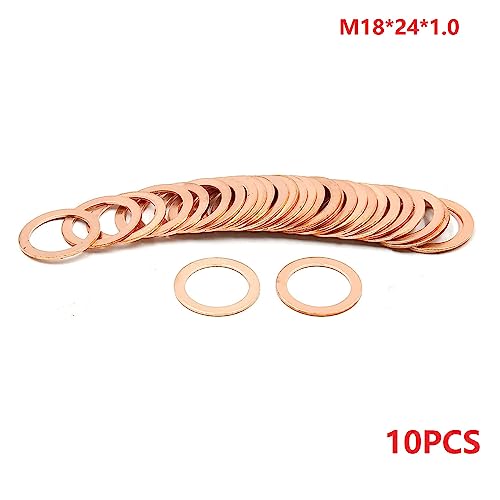 M18 Flat Washer Copper Sealing Ring, 18mm ID 24mm OD 1mm Thickness Metric Sealing Gasket, 10 Pieces