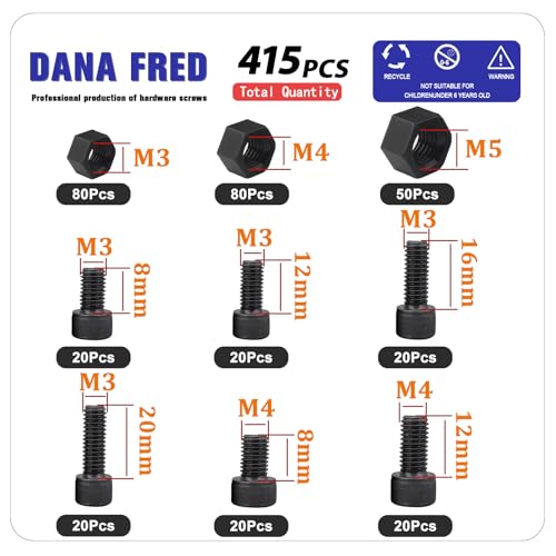 Hex Socket Head Cap Screws Nuts Kit 415pcs Black 12.9 Class Metric Thread Allen Hexagon Machine Bolt Nuts Metal Standard Fastener Hardware Alloy Steel Assortment Kit for Mechanical Components M3 M4 M5 M3M4M5-415pcs