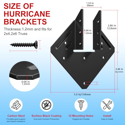 Black Hurricane Ties for Rafter 30 PCS ，16 Gauge 1.2mm，Heavy Duty Joist Hangers for Roofing Trusses Wood，Roofing Trusses 360 Screws Black