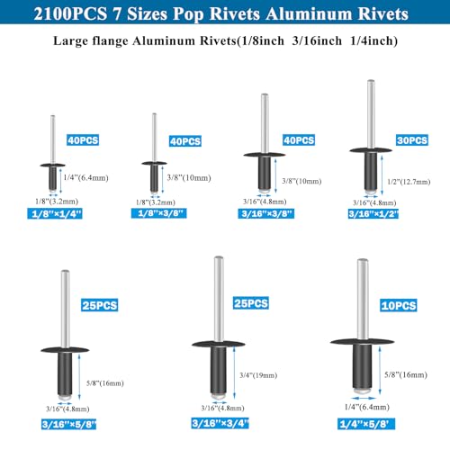 210PCS Black Pop Rivets Assortment Kit,Includes 7 Sizes Large Flange Aluminum Rivets (1/8 inch 3/16 inch 1/4 inch) for DIY, Automotive Repairs,and More.Assorted Blind Rivets with Case 210PCS