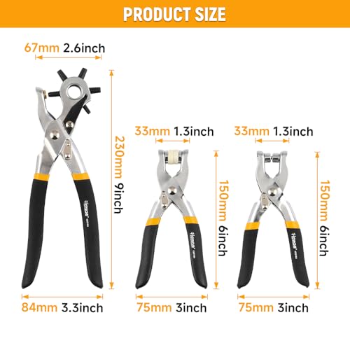 Hoteche 3-in-1 Leather Belt Hole Punch + Eyelet Plier + Snap Button Grommet Setter Tool Kit for Fabric, Shoes,Leather, Clothes, Belt
