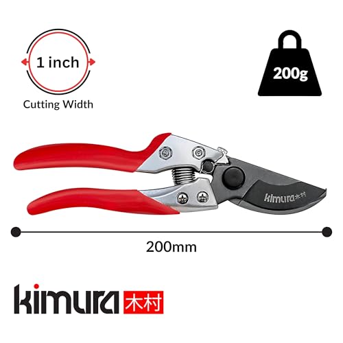 Kimura® 8" Pro Bypass Pruning Shears, Heavy Duty Japanese SK5 Steel Blades, 1 inch Cut Capacity, Non-Slip PVC Coated Handles, Lightweight & Ergonomic, Japanese Pruners, Professional Garden Clippers 8"