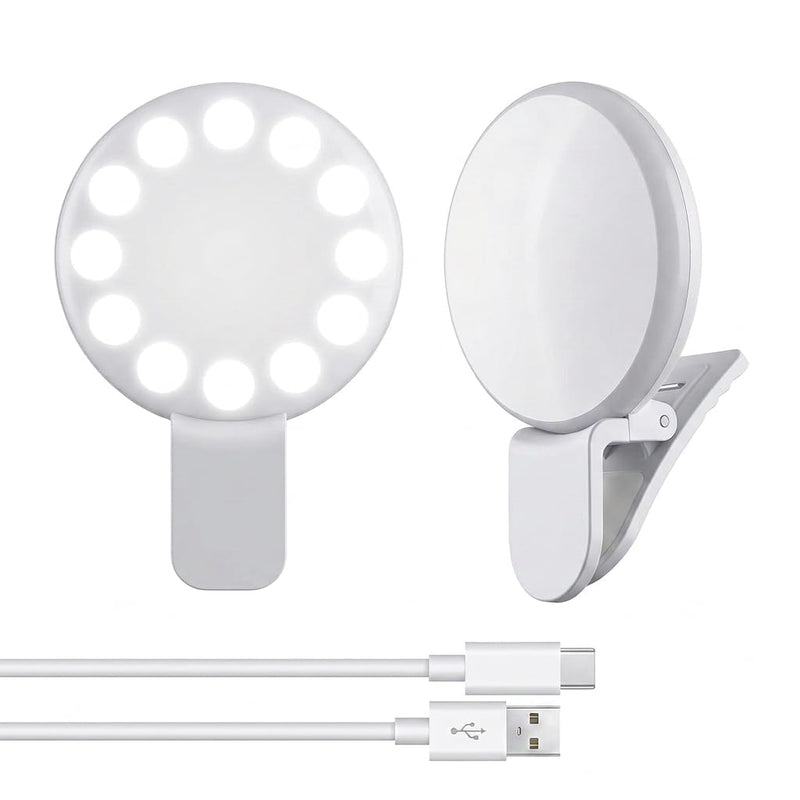 2Pcs Mini LED Ring Light for Phone, Rechargeable Clip On Selfie Light | Portable Adjustable Brightness LED Lighting for Video Recording, Compatible with iPhone, iPad, Laptop (White)