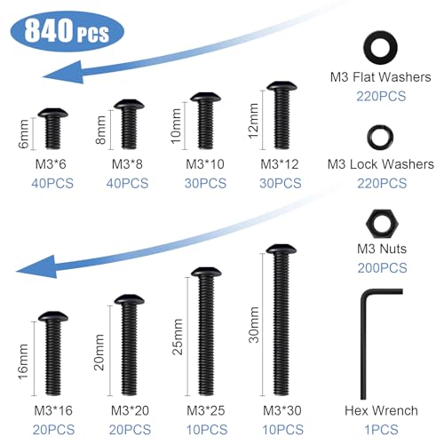 840PCS M3 Screw Kit, M3 Screws Hex Button Head Screws with M3 Bolts 840PCS