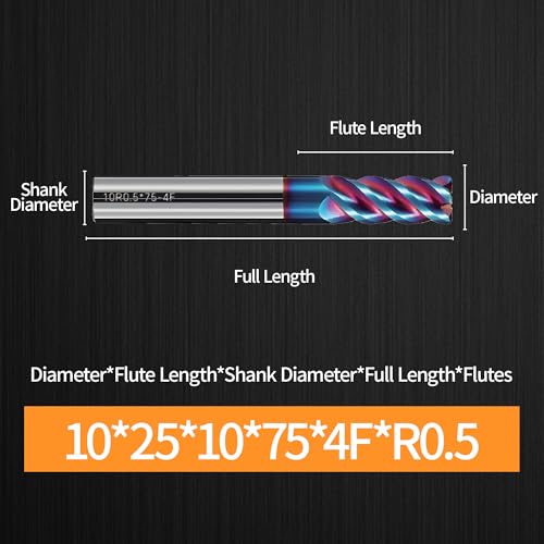 Rayjee Nano-Coated Micrograin Carbide Corner Radius End Mill, 10*25*10*75mm 10mm SHK 10mm DlA R0.5