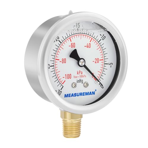 MEASUREMAN 2-1/2" dial,Glycerin Filled, Stainless Steel case, Brass Inside, 30inHg/-100kpa-0,1/4" NPT Lower Mount -14.7-0 psi