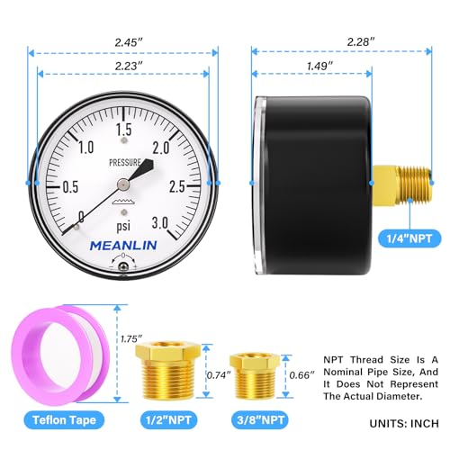 MEANLIN MEASURE 0-3psi Diaphragm Type Capsule Low Pressure Gauge 1/4" NPT 2-1/4" FACE DIAL Adjustable Water Column Gauge, with 1/4" x 1/2" NPT and 1/4" x 3/8" NPT Hex Bushing, Back Mount 0~3Psi