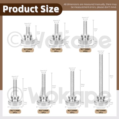 42Pcs M3 Knurled Thumb Screw Assortment Kit, M3*6/8/10/12/16/20/30MM Nickel Plated Iron Knurled Thumbscrew Flat Knurled Head Fully Threaded Bolts Fastener with Shoulder Grip Knobs Fasteners