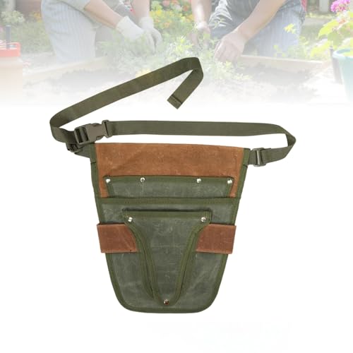 Garden Tool Belt Tool Waist Pouch Heavy Duty Waxed Canvas Adjustable DIY Utility Belt Apron Garden Waist Belt for Florists, brown green