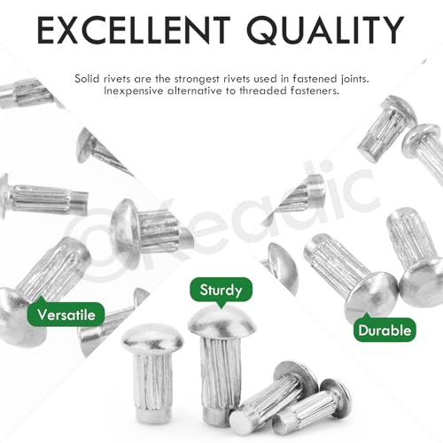 Keadic 800Pcs M2 M2.5 M3 M4 Aluminium Brazier Head Solid Rivet Assortment Set, 6mm 8mm 10mm Solid Aluminum Rivets for Repairing Boats Aircraft Automobile Machinery