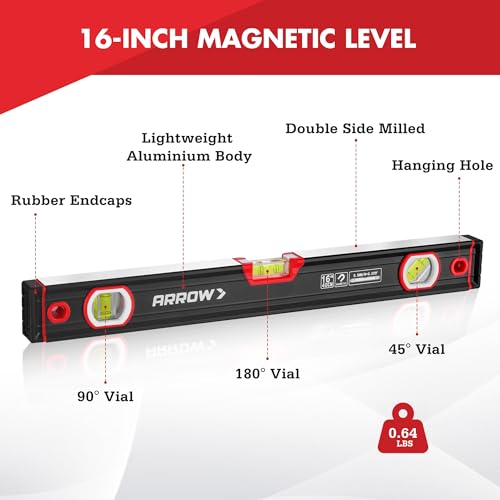 ARROW 16-Inch Level, Magnetic Torpedo Level for Construction, Carpentry Single Level (16")