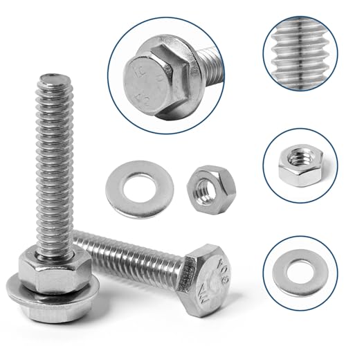 1/4-20 Flange Hex Bolts Screws Hex Nuts Flat Washers Kit, Stainless Steel 304, Fully Threaded Hex Bolt 1/4-20 x 1/2" 3/4" 1" 1-1/4" 1-1/2" 1-3/4" 2" Length