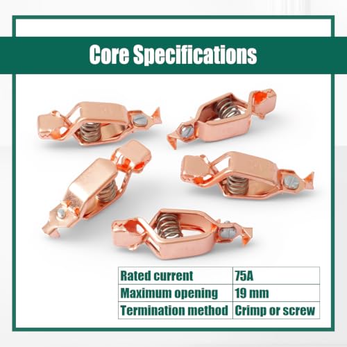 YUXIVCNE 5Pcs Copper Heavy-Duty Battery Clips Replacement for Discharge Testing for Heavy-Duty Grounding Lighting Applications 75A Test Clamp, Copper Alligator Clip, 19MM MAX Opening Width