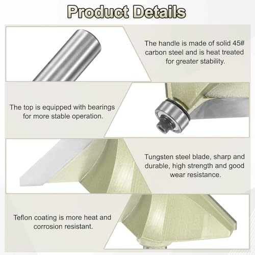 HARFINGTON 45 Degree Chamfer Router Bit 1/2 Inch Shank 2" Cutting Edge Carbide Tip with Bearing for Woodworking Milling Cutter Tool, Gold 1/2" x 2"