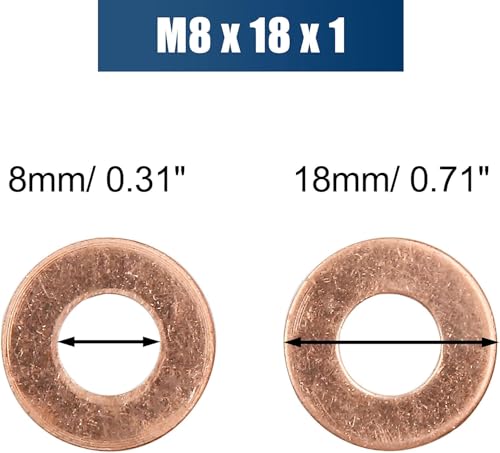 M8 Copper Flat Washers 30PCS, 8mm ID 18mm OD 1mm Thick Metric Copper Sealing Rings for Bolts Nuts Hydraulic Fuel Fittings