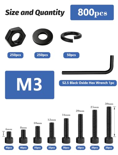 800PCS M3 Screws Assortment Kit, 12.9 Grade Alloy Steel Socket Head Cap Screws with Hex Nuts, Flat & Spring Lock Washers, Metric Bolt Set S2.5 Hex Key Included, Black Oxide, for 3D Printing M3 800pcs