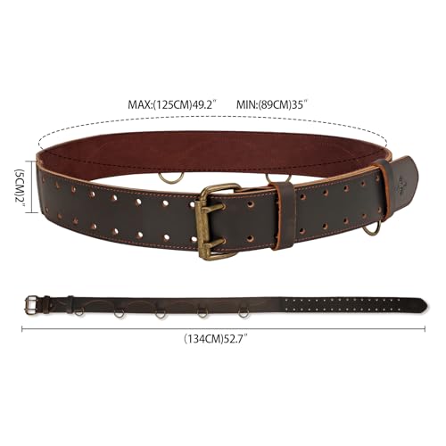 Full Grain Leather Work Tool Belt with 5 D-Rings for Suspenders, Adjustable