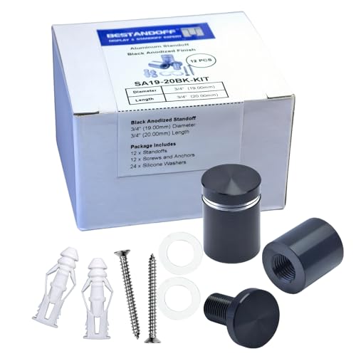 Pack of 12 Aluminum Wall Spacers, Standoff Screws, Sign Standoff Mounting Hardware Glass Standoff for Acrylic Signs (Black, 3/4" x 3/4") 3/4" X 3/4" Black