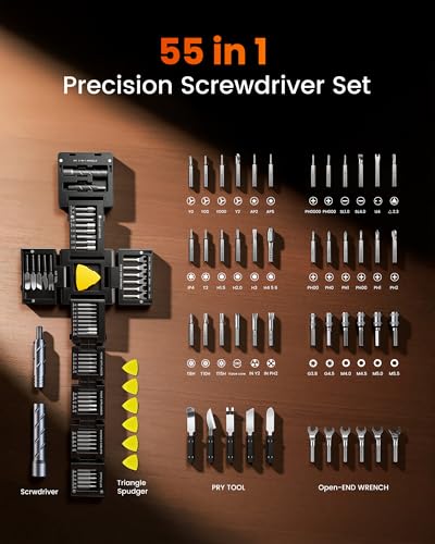 55 in 1 Precision Magnetic Screwdriver Set, Electronics Repair Kit with Foldable Storage Box & Transformable Handle, Mini Screwdriver Set for Macbook, Laptop, PC, Switch, PS5, Phone, Eyeglasses, Watch