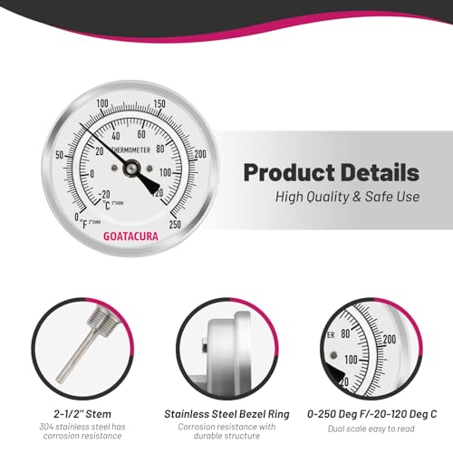 Bimetal Thermometer, Full Stainless Steel, 3" Dial Size, 2-1/2" Stem, 1/2" NPT Back Mount, 0-250 Deg F/-20-120 Deg C, 1% Accuracy L=2.5"