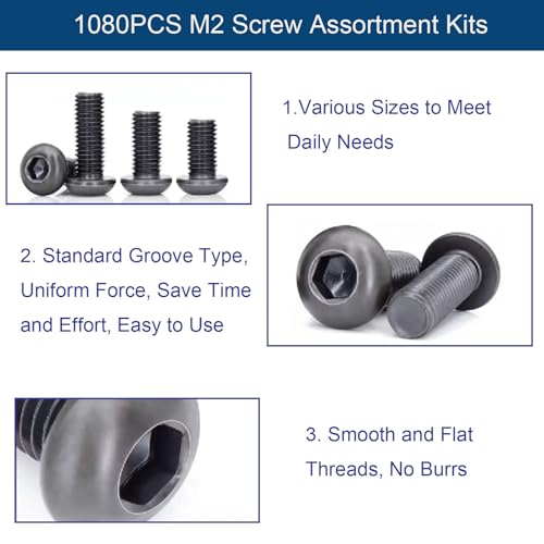 1080PCS M2 Screw Assortment Kit, M2x4/6/8/10/12/16/20/25mm M2 Screw Kits