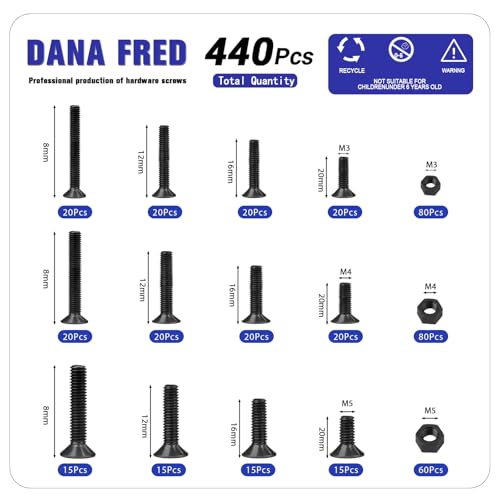 440 Pieces Flat Hex Socket Head Cap Screws Kit Metric Thread Hexagon Allen Head Drive Countersunk Machine Bolts Nuts Standard Fastener Hardware Assortment Kit Set Alloy Steel 10.9 Class Black M3 M4 M5