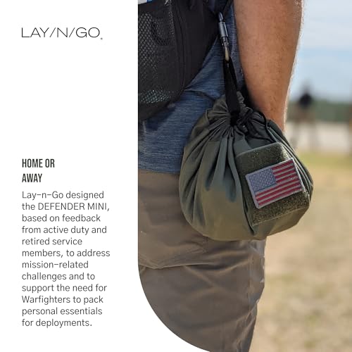 Lay-n-Go Defender Tactical Go Bag - Every Day Carry Lay-Flat Military Style Gear Stash Travel Sack w/Zippered & Mesh Pockets - Water-Resistant, Machine-Washable EDC (16", Combat Green) 16 inch Defender Mini (16")
