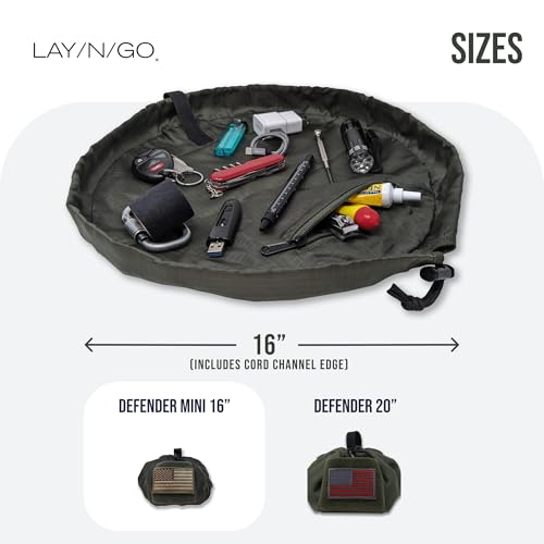 Lay-n-Go Defender Tactical Go Bag - Every Day Carry Lay-Flat Military Style Gear Stash Travel Sack w/Zippered & Mesh Pockets - Water-Resistant, Machine-Washable EDC (16", Combat Green) 16 inch Defender Mini (16")