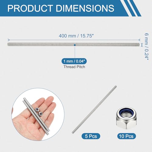 PATIKIL 5 Pcs Fully Threaded Rod, M6 x 400mm 304 Stainless Steel Right Hand Long Thread Bar Studs with Nuts for Pipes Clamps Hangers U-Bolts