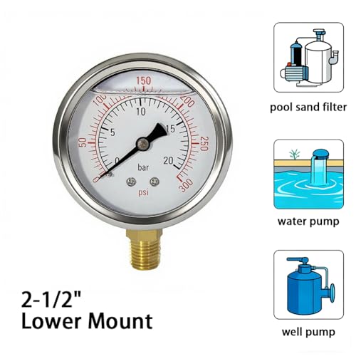 YSIL 0-300 Psi Glycerin Liquid Filled Pressure Gauge 1/4”NPT Lower Mount 0-300Psi Lower Mount (Single Gauge)