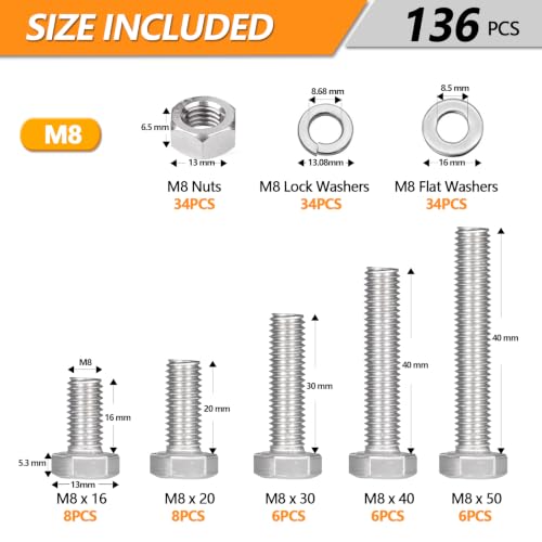 136 Pcs M8 Hex Bolts and Nuts Assortment Kit, M8-16/20/30/40/50mm Screws M8 - 16/20/30/40/50mm