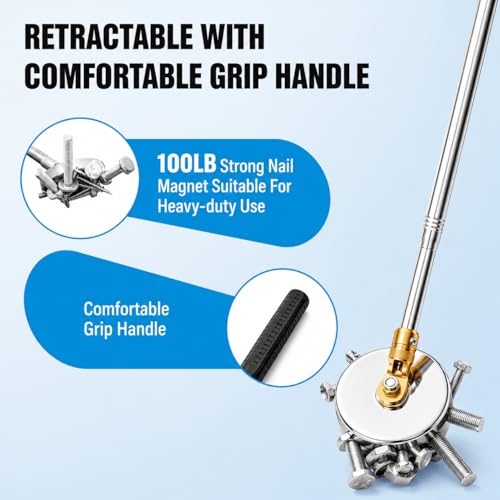 Heavy Duty 100lbs Magnetic Pickup Tool, Industrial Strength Magnet Sweeper with Stainless Steel Handle, Powerful Metal Pickup Stick for Screws, Nails, Bolts, Garage Workshop Construction
