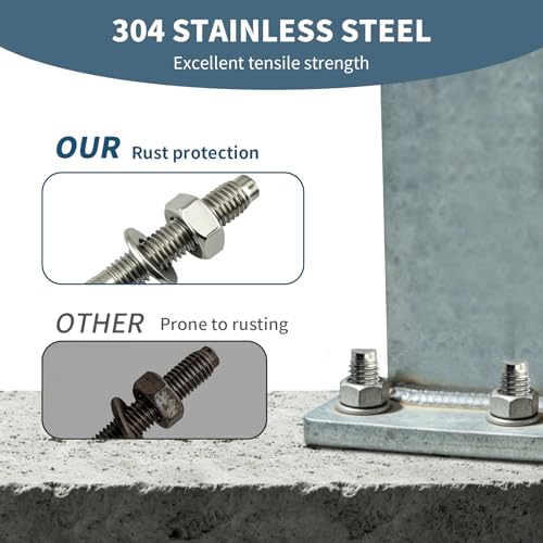 1/2"x7"304 Stainless Steel Wedge Concrete Anchors, Heavy Duty Expansion Bolts, Anti-Rust Masonry Fasteners Complete Kit with Screws Nuts Washers, 5 Pack 1/2x7" Stainless Steel 304