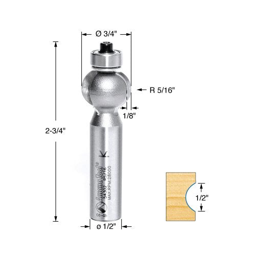 Amana Tool - 54302 Carbide Tipped Edge Fluting 5/16 Radius x 3/4 Dia x 1/2 Shan 5/16 Radius x 3/4 Dia x 1/2 SHK